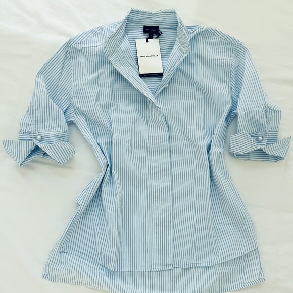 Who What Wear blue stripe button front shirt with pearl detail NWT NEW size XS - Picture 1 of 4